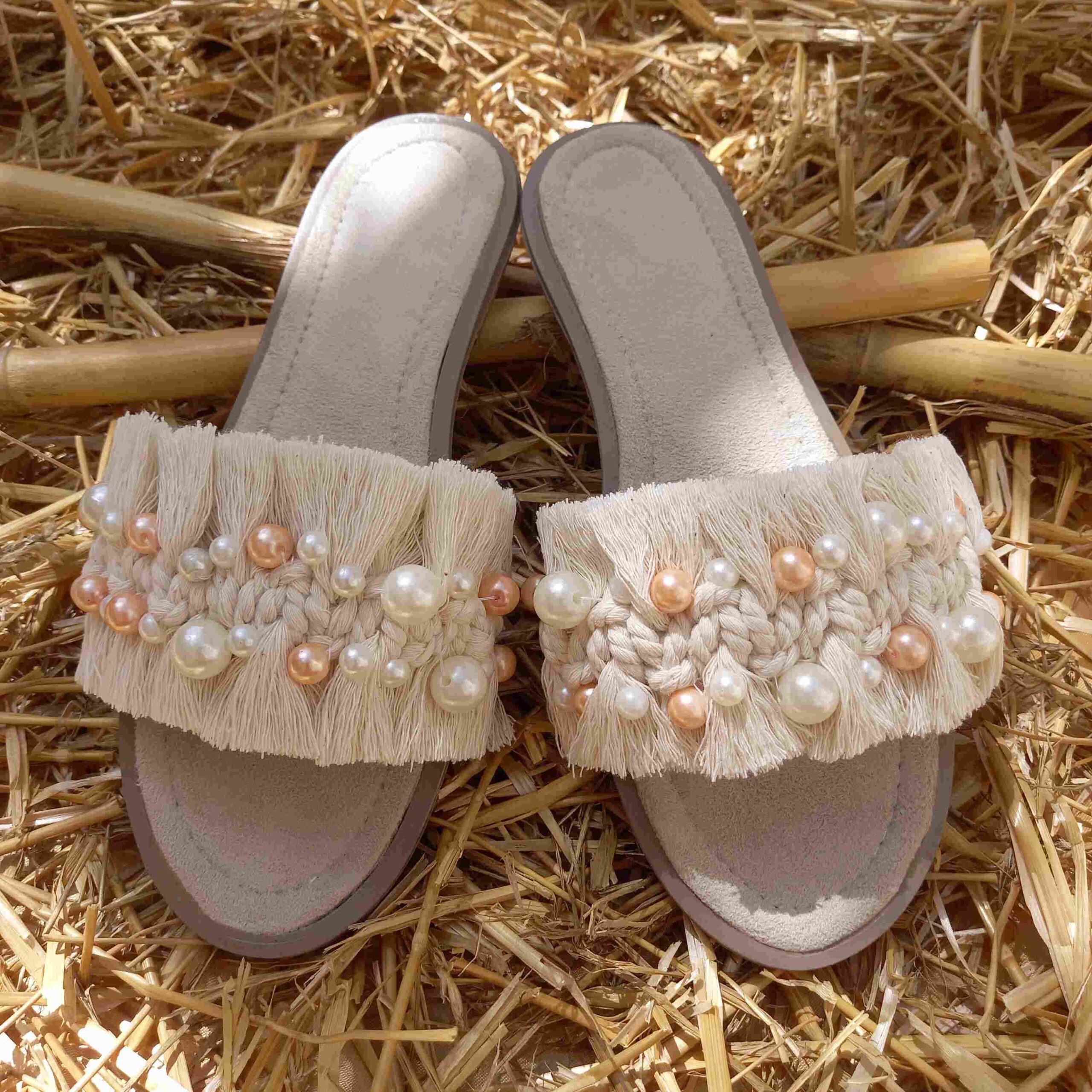 Cream Macramé Boho Chic Slippers – Model Parel