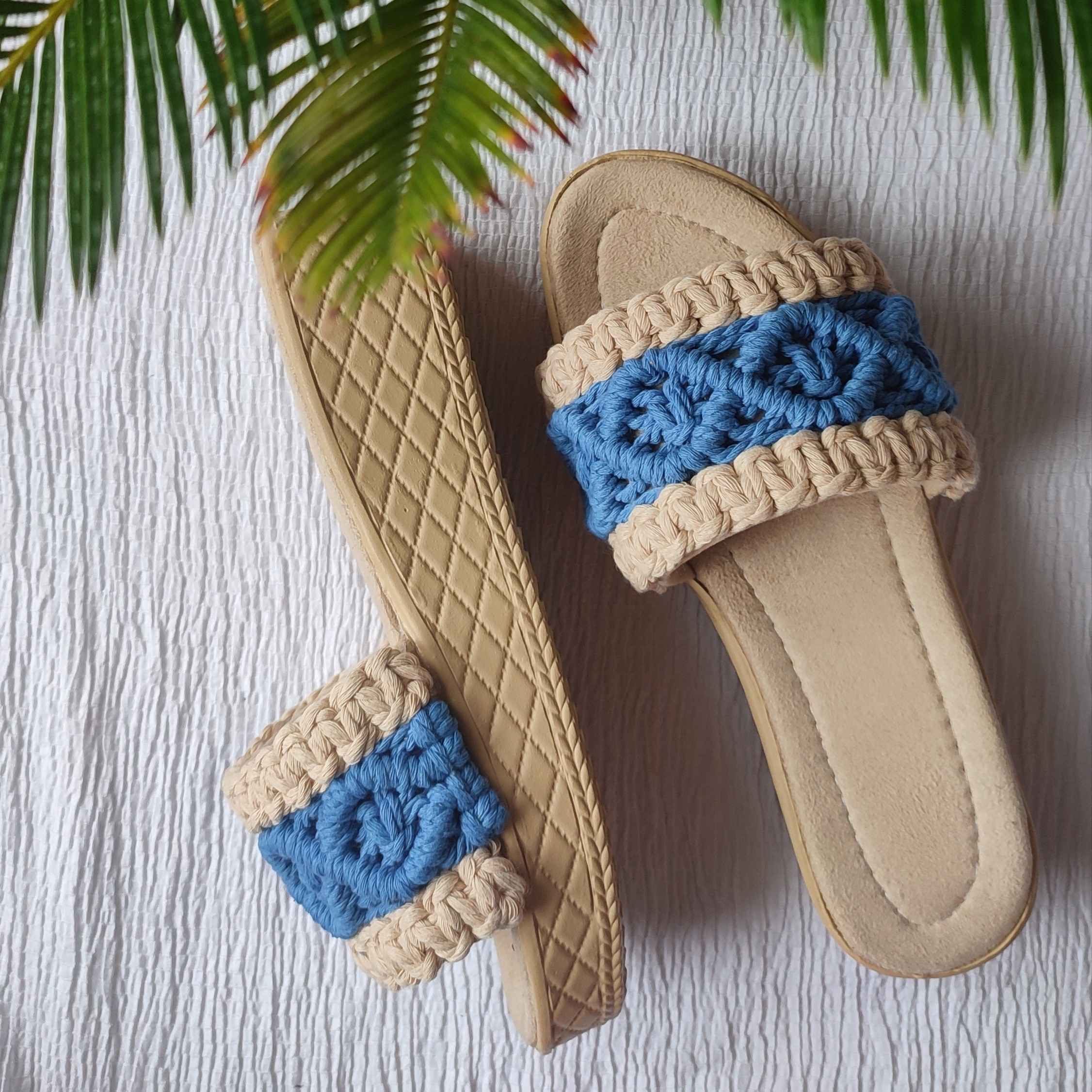 Blauwe Macramé Boho Chic Sleehak Slippers