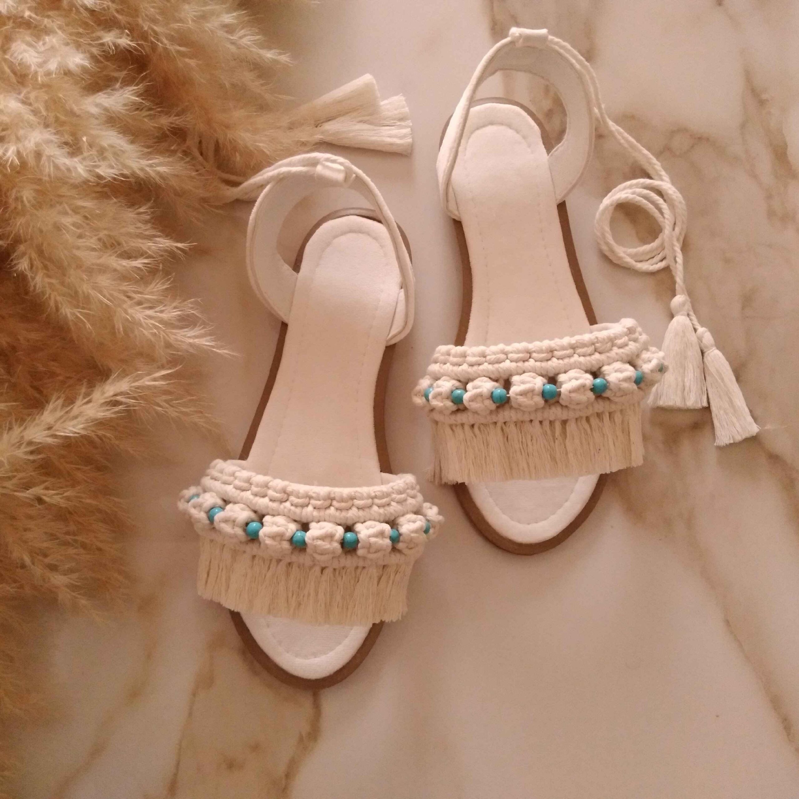Macramé Sling Back Sandalen Handgemaakt Model Turkoois