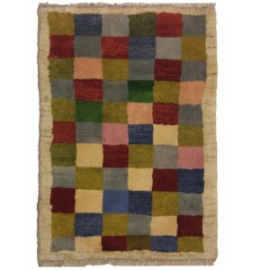 Authentiek handgeknoopt Perzisch geometrisch Gabbeh tapijt – Geruit, Crème, Wolmix