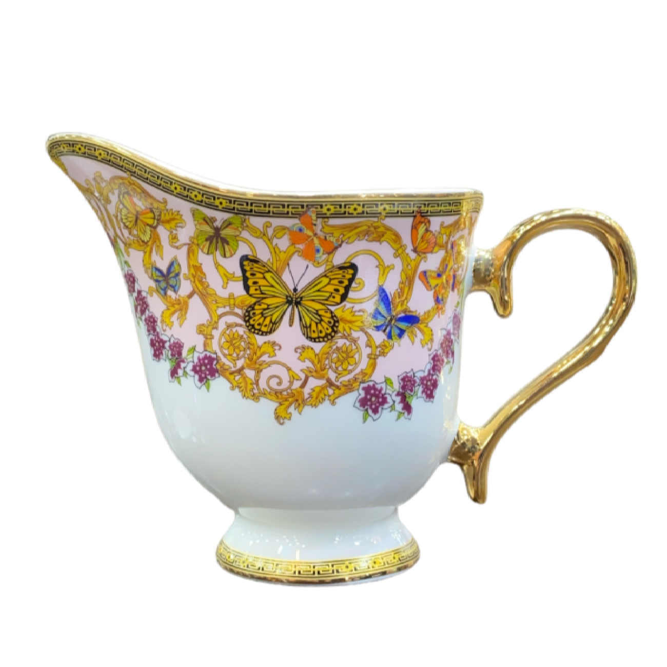 Victoriaans Porseleinen Theeservies met Vlinder & Bloemenpatroon, Theepot en Schotel