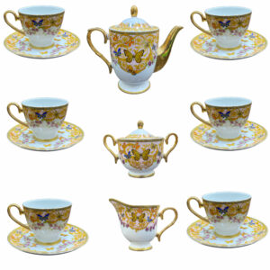 Victoriaans Porseleinen Theeservies met Vlinder & Bloemenpatroon, Theepot en Schotel
