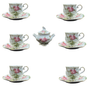 Victoriaans Porseleinen Theeservies met Bloemenpatroon, Theepot en Schotel