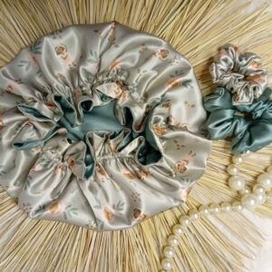 Luxe Satijnen Slaapmuts – Lichtgroen Bloemenpatroon