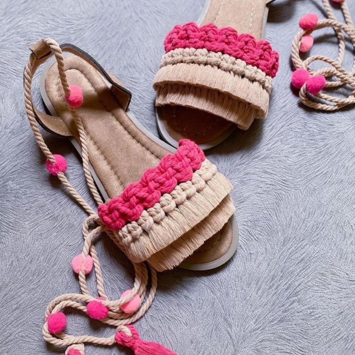 Dames Macramé Slingback Sandalen Handgemaakt Model Bubble