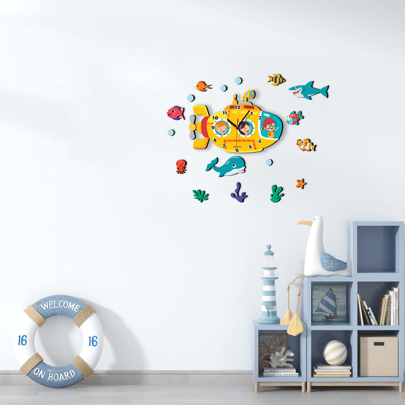 Houten Kinderkamer Wandklok met Onderzeeërontwerp