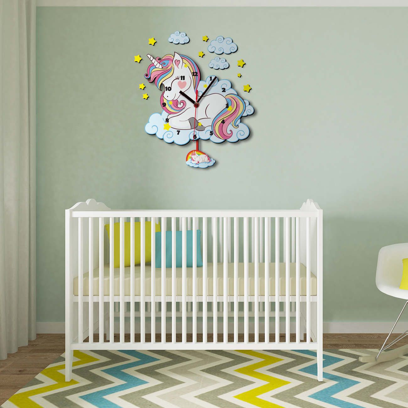 Houten Kinderkamer Wandklok met Eenhoornontwerp