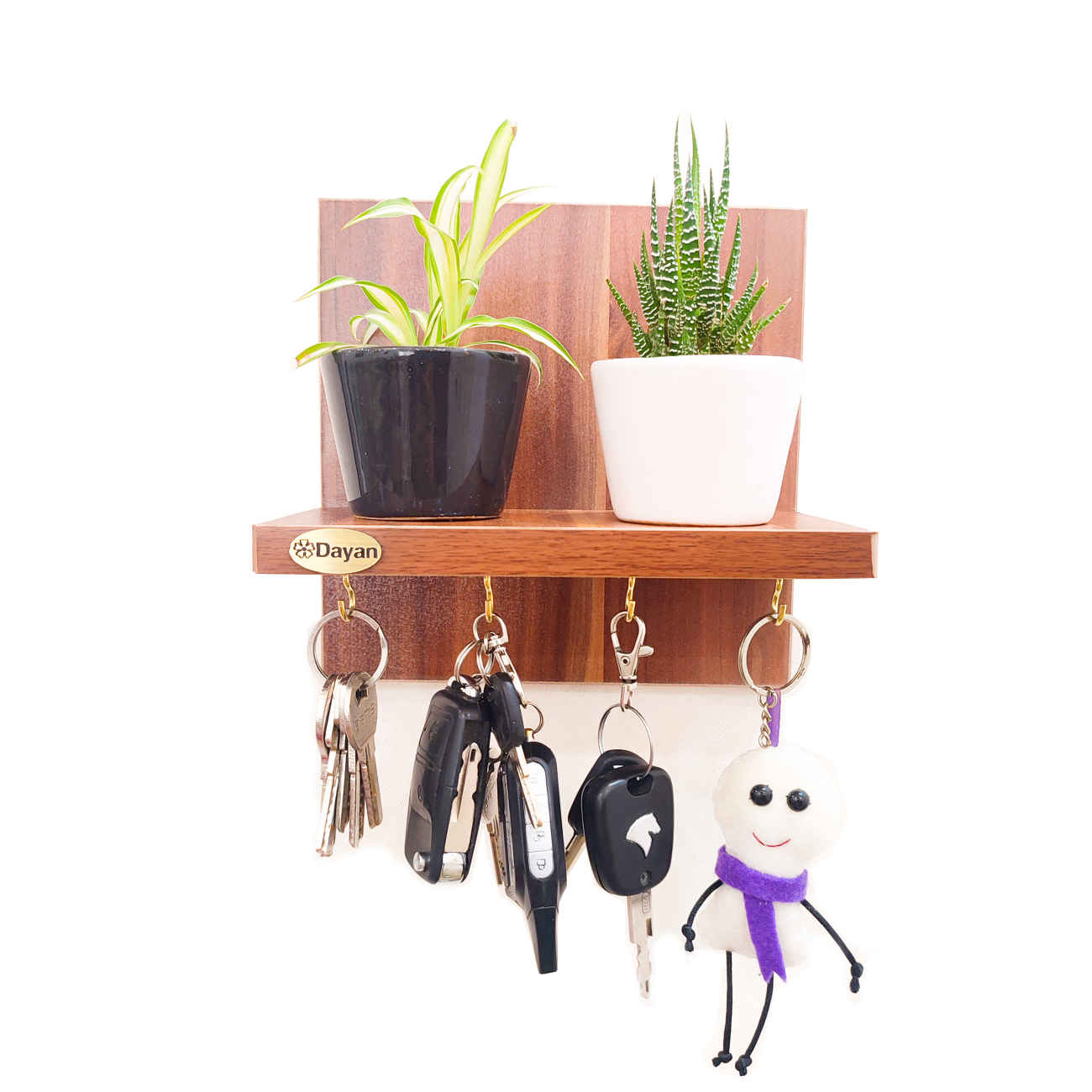 Decoratieve houten wand-sleutelhouder met plank & haken
