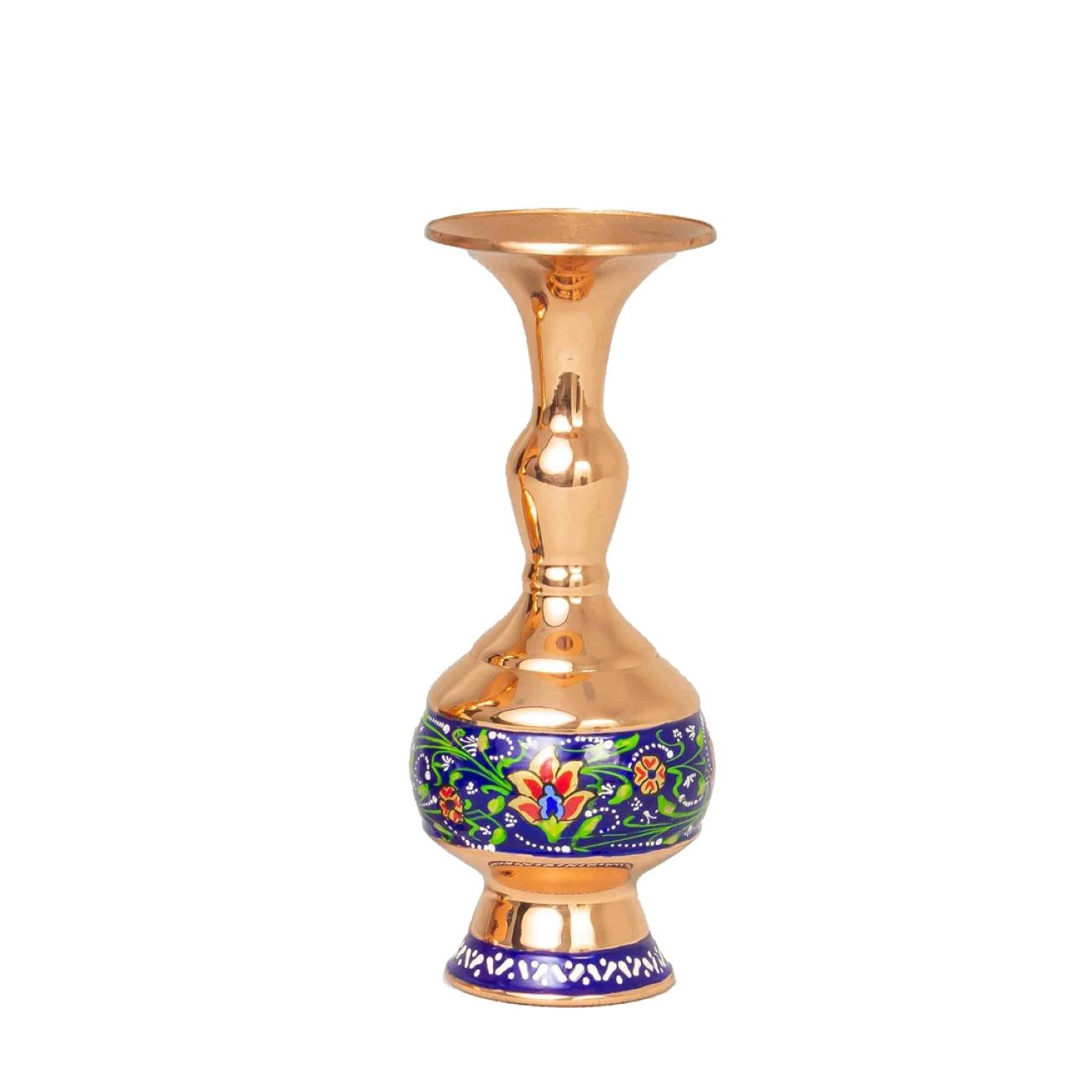 Perzische decokoperen vaas, handgemaakt met een elegant bloemenpatroon, ideaal voor het presenteren van enkele stelen