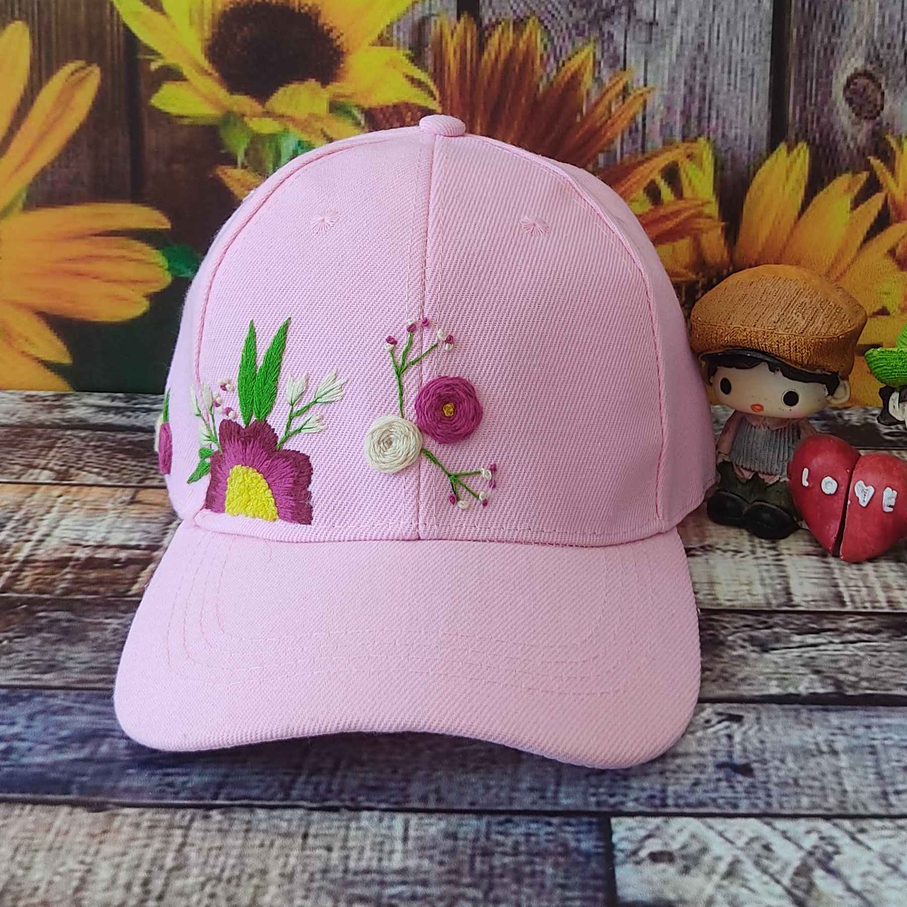 Geborduurde Baseballpet met Bloemmotief Roze