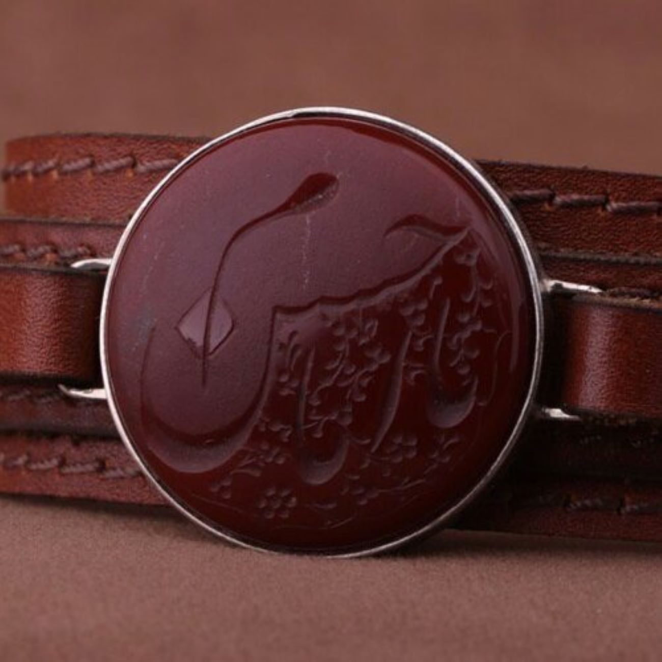 Islamitische Leren Armband Agaatsteen Imam Hassan Bruin