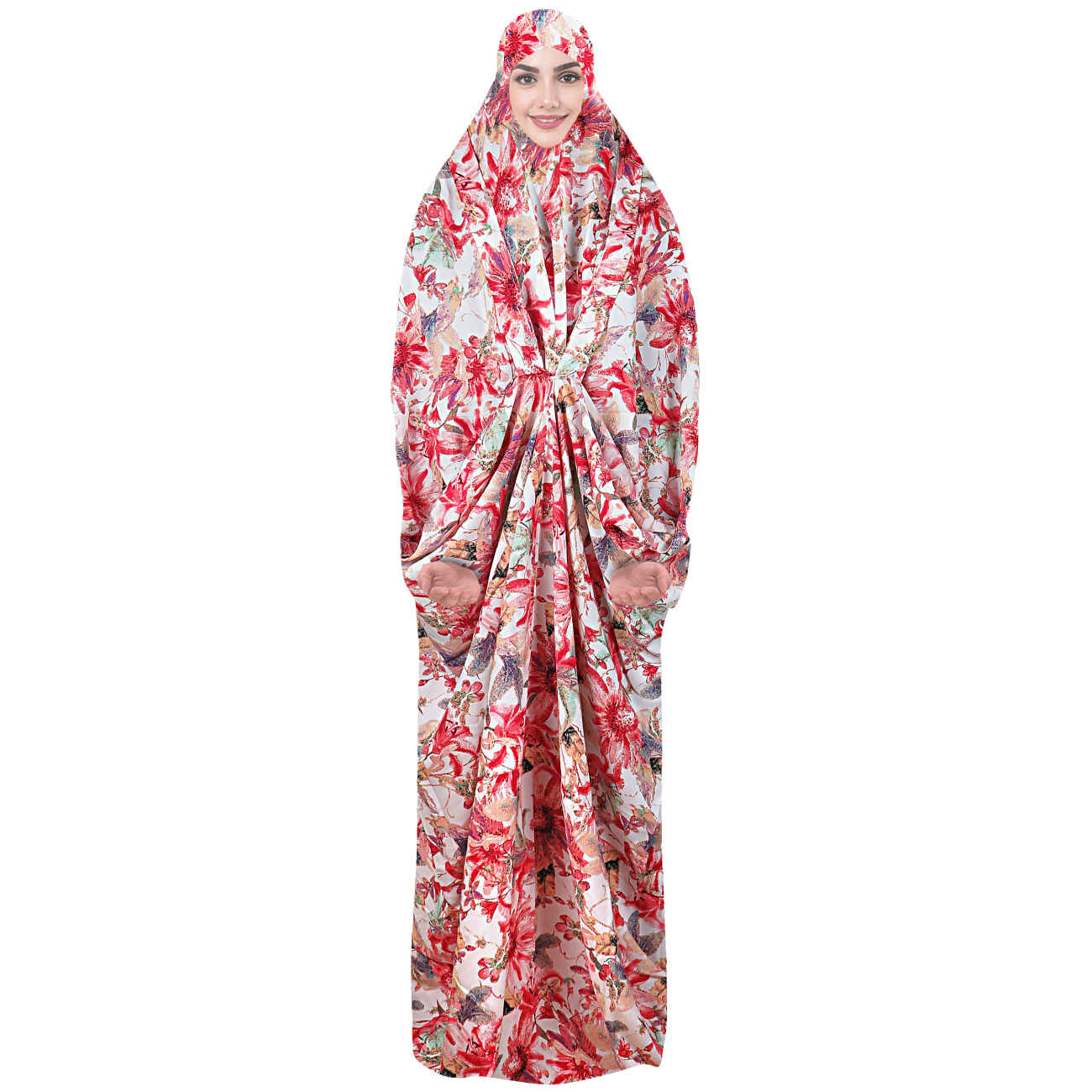 Islamitische Namaz Chador met Mouwen voor Vrouwen met Bloemontwerp in Rood