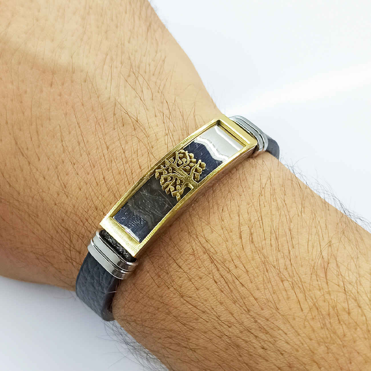 Leren Stalen Armband in Boom Ontwerp Zwart