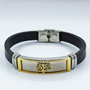 Leren Stalen Armband in Boom Ontwerp Zwart