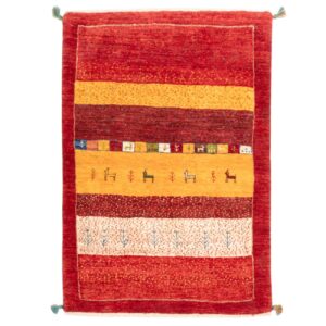 Origineel handgeknoopt Perzisch gestreept Gabbeh tapijt met dierenmotieven – Rood, Wol