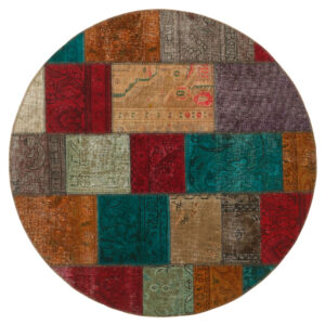 Vintage Perzisch Handgeknoopt Patchwork Tapijt Rond Geel