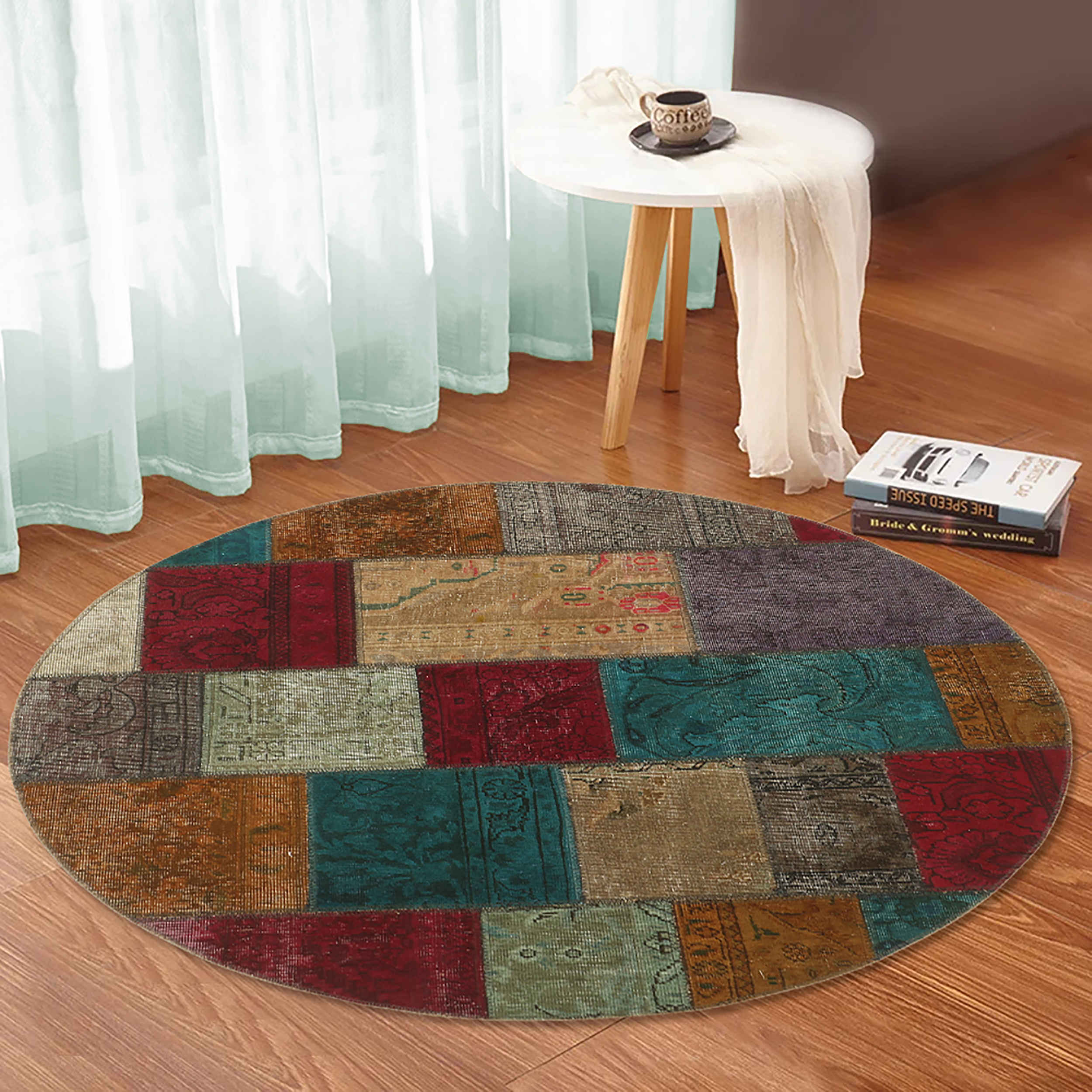 Vintage Perzisch Handgeknoopt Patchwork Tapijt Rond Geel