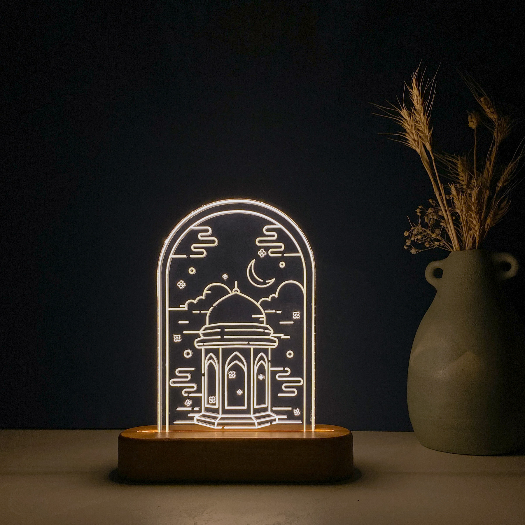 Islamitische 3D LED Nachtlamp – Waterfontein van het Heiligdom met Houten Basis
