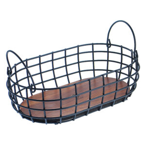 Ovale Metalen Draadmand met Houten Basis – Zwart Modern