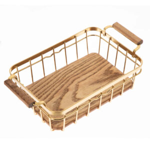 Gouden Metalen Draadmand met Houten Basis – Rechthoekig