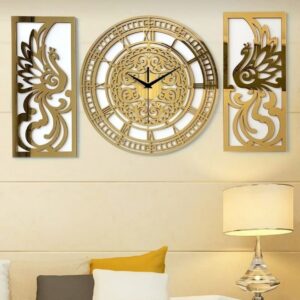 Moderne 3-Delige Wandklok Set – Simurgh (Goudkleur)