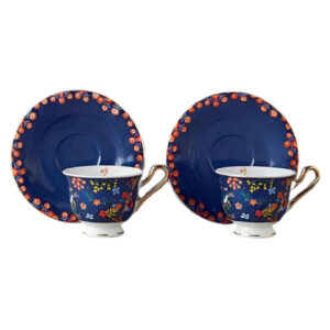 Artistiek Porseleinen Theeservies – Marineblauw Bloemen