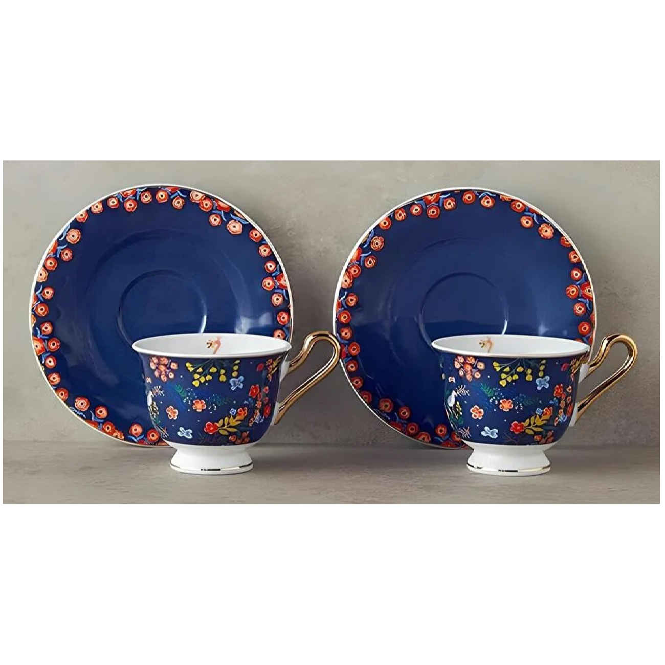 Artistiek Porseleinen Theeservies – Marineblauw Bloemen