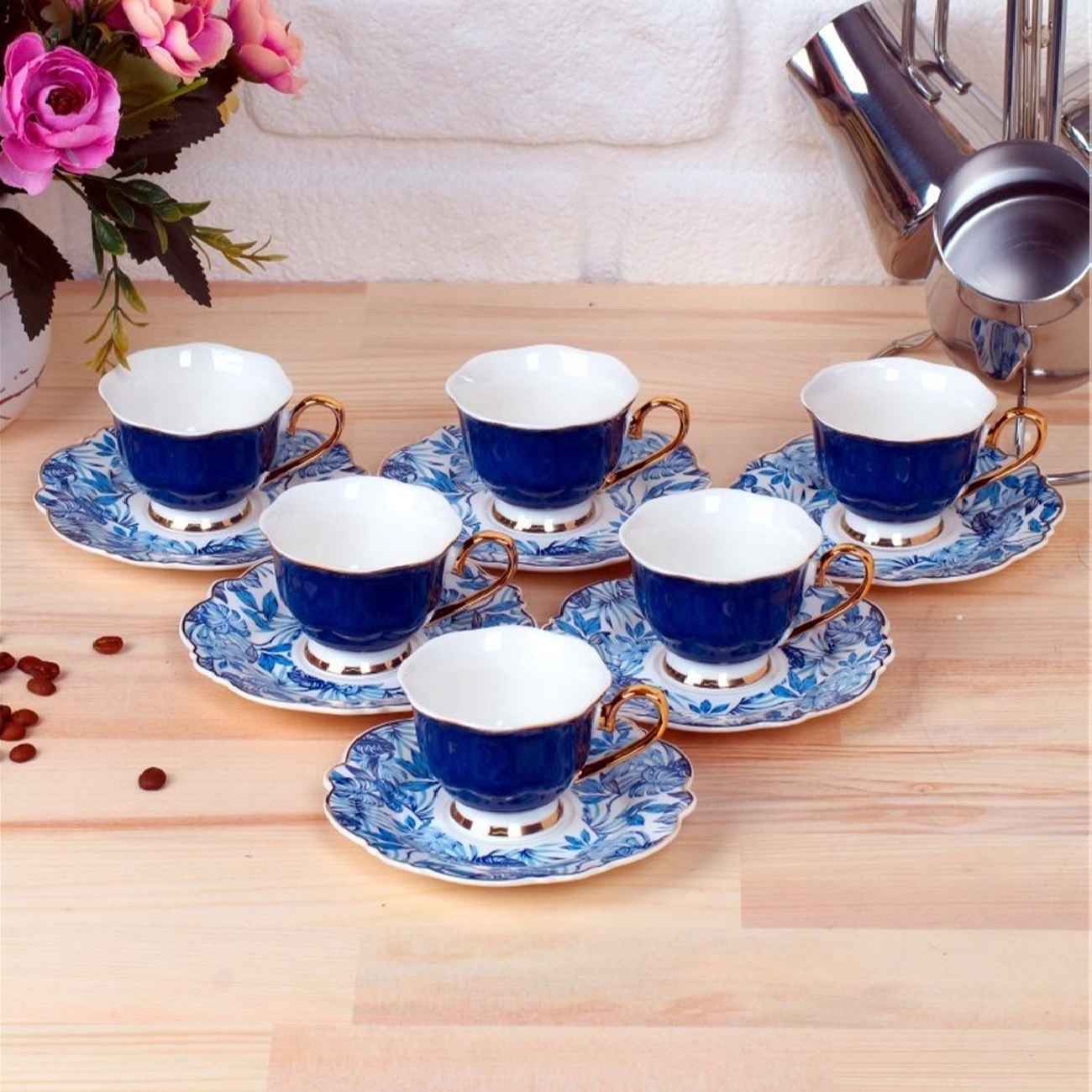Artistiek Porseleinen Theeservies – Blad Blauw