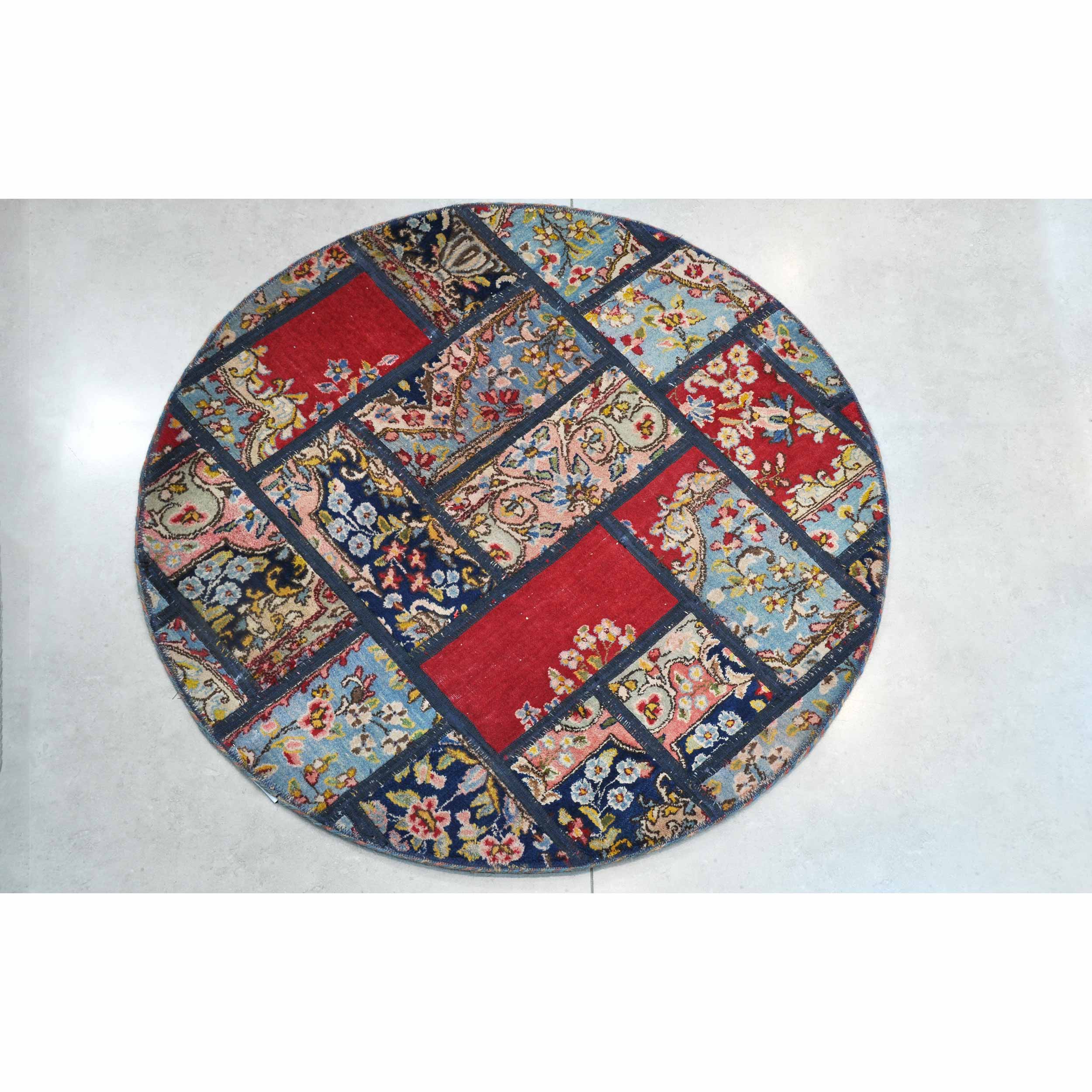 Vintage Perzisch Handgeknoopt Patchwork Tapijt Rood Rond