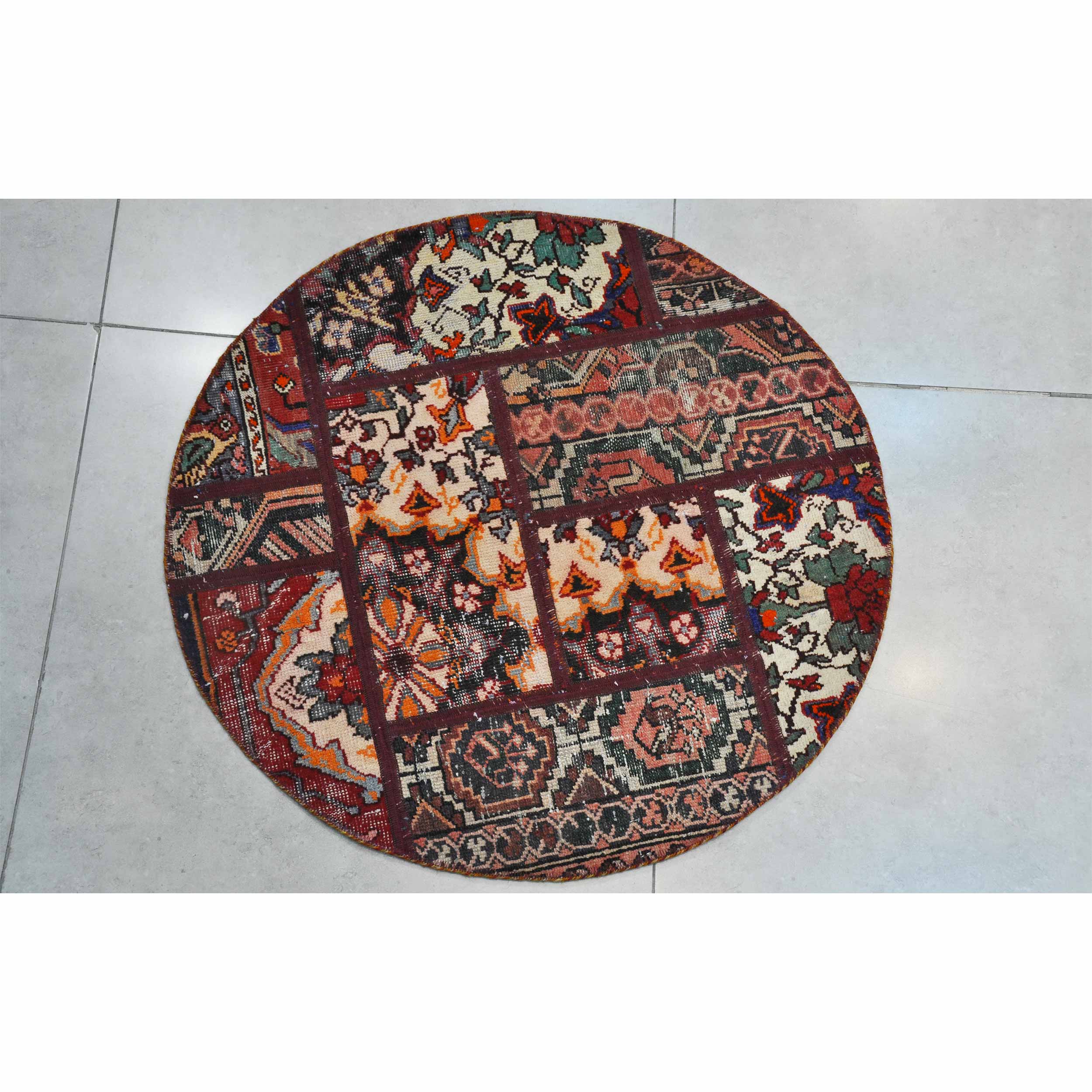 Vintage Perzisch Handgeknoopt Patchwork Tapijt Traditioneel Rood Rond