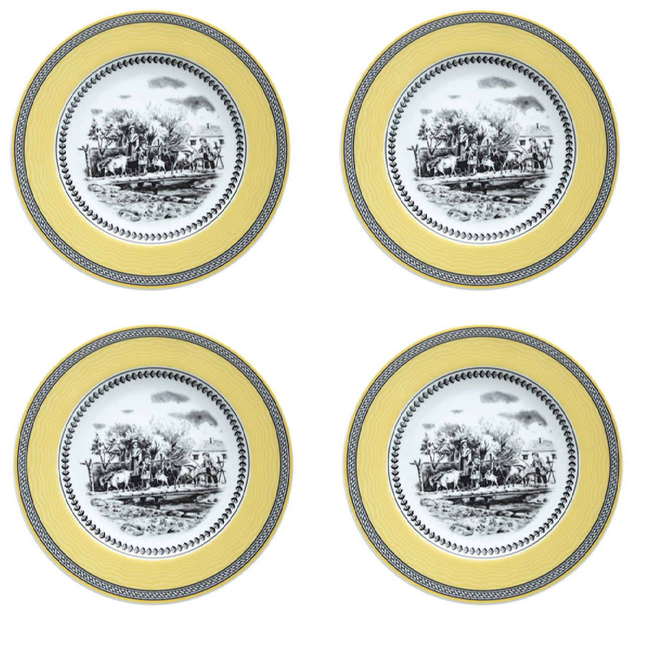 Zariniran porseleinen dessertbordenset – dorpsontwerp – set van 4