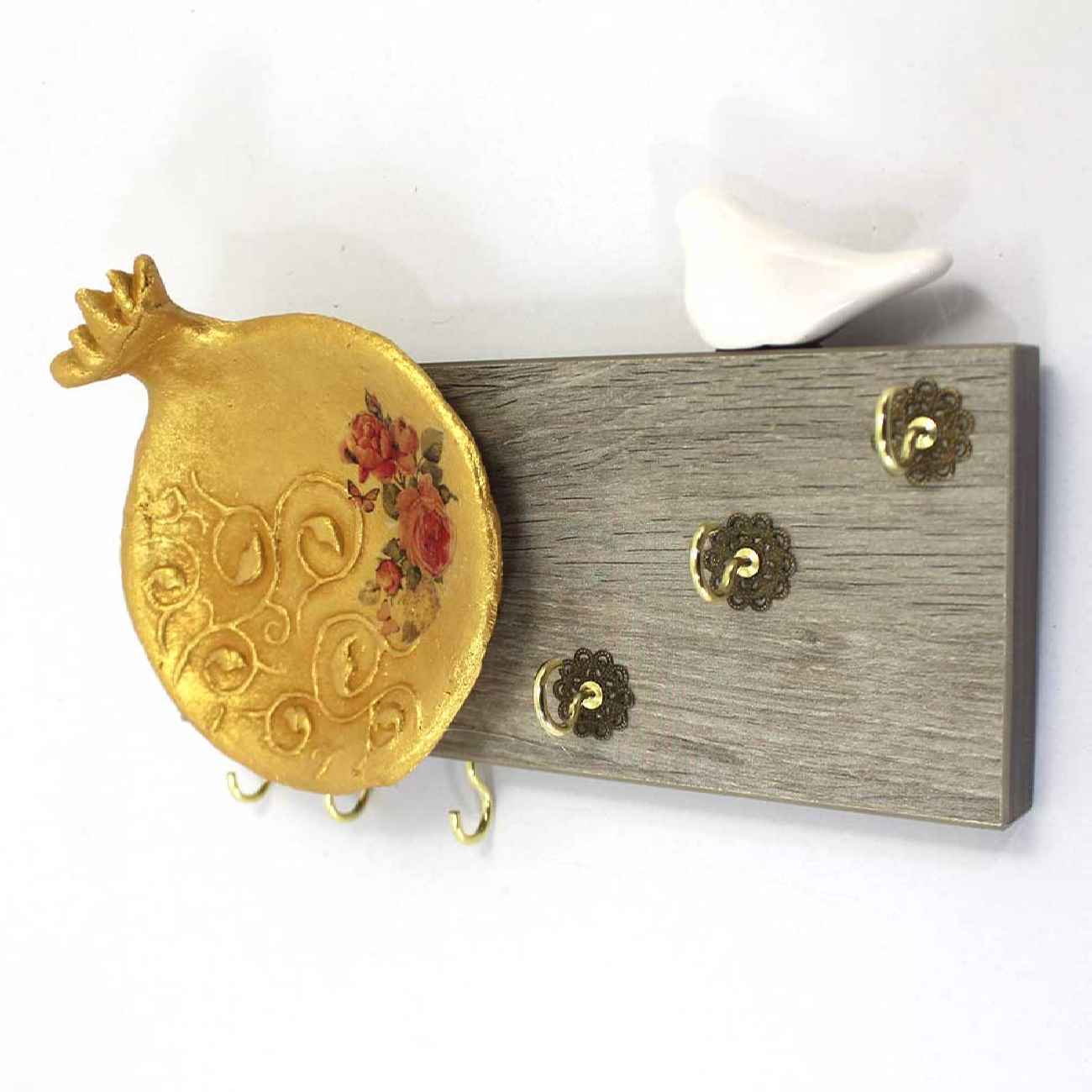 Decoratieve Muur Sleutelhouder voor Georganiseerde Sleutels met Granaatappel & Vogel Ontwerp