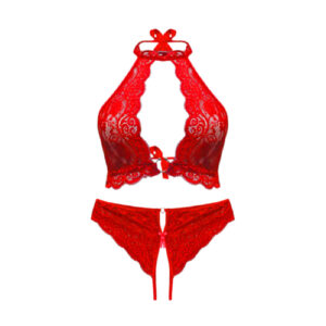 Kanten Beha en Slipset – In Gedurfd Rood Kant met Halterhals
