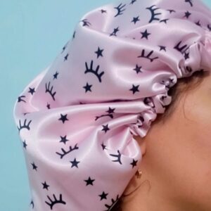 Luxe zijde satijnen slaapmuts – Roze wimpermotief