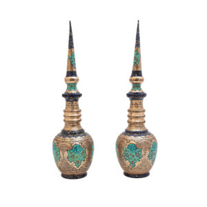 Perzische Decoratieve Koperen Flessen – Set van 2 Turkoois & Zilver