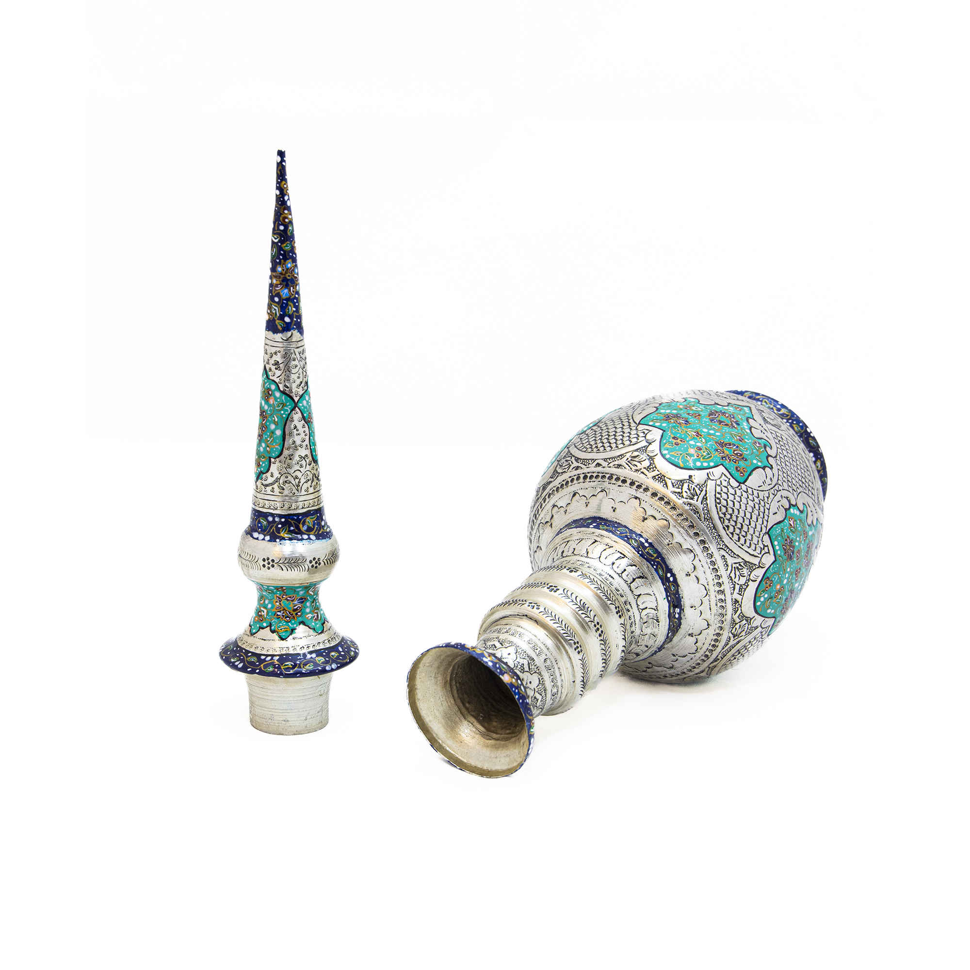 Perzische Decoratieve Koperen Flessen – Set van 2 Zilver & Bladmotief