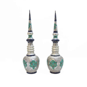Perzische Decoratieve Koperen Flessen – Set van 2 Zilver & Bladmotief