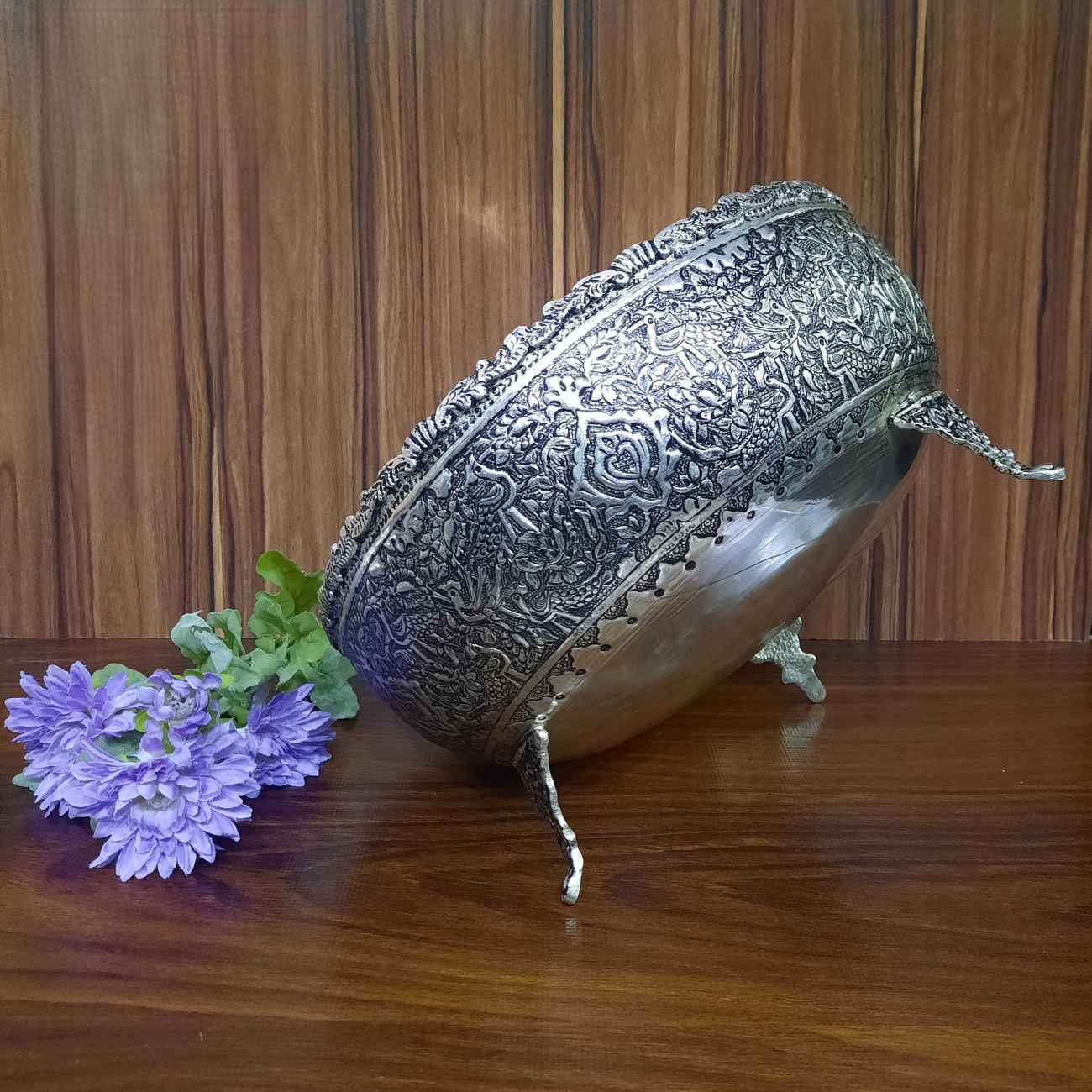 Perzische Decoratieve Zilveren Kom – Vogels & Bloemen Detailwerk