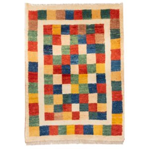 Authentiek Perzisch geometrisch Gabbeh tapijt – Geruit, Crème, Wol