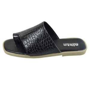Leren Teenslipper met Slangenhuid Design – Zwart