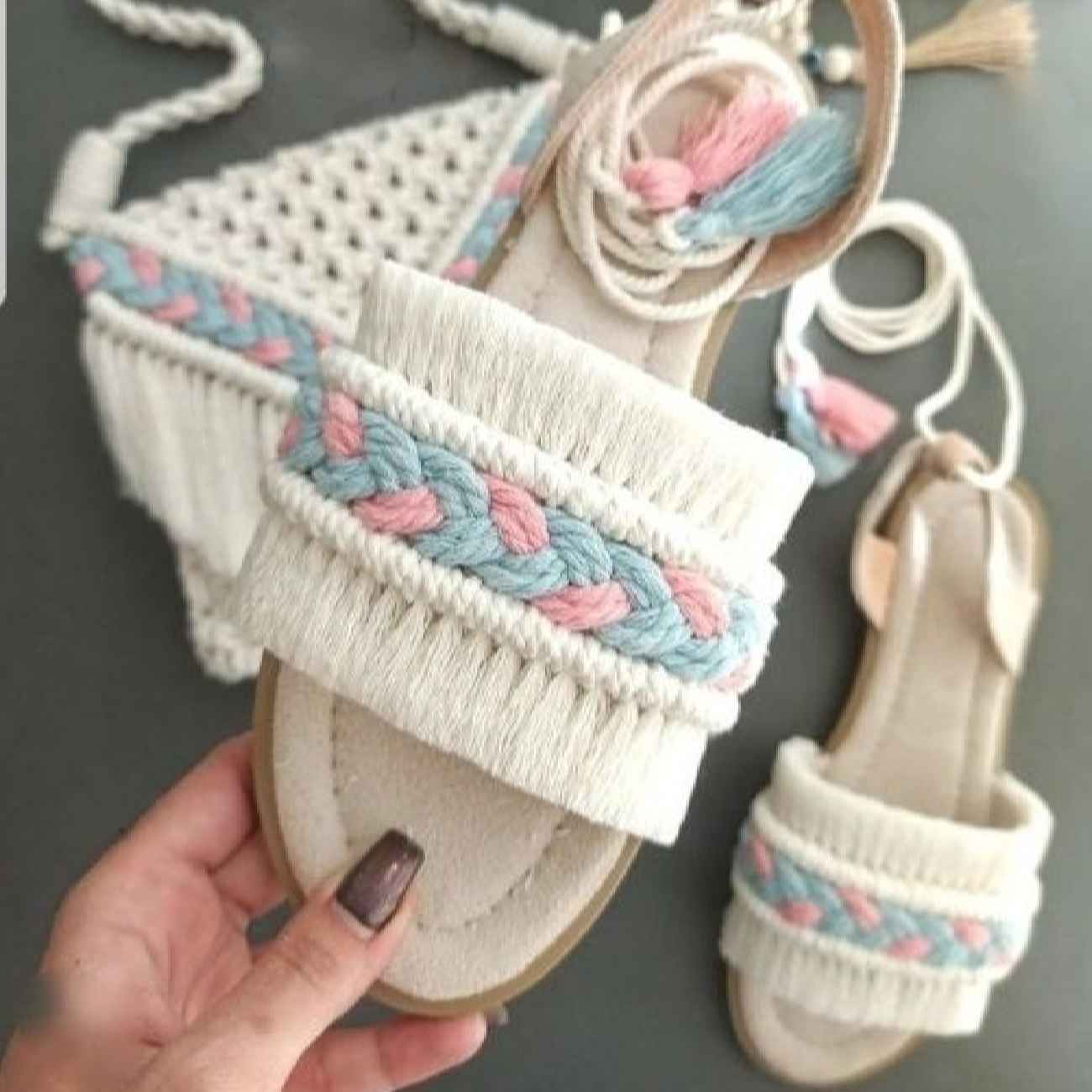 Unieke Macramé Sandalen voor Vrouwen – Lichtblauw