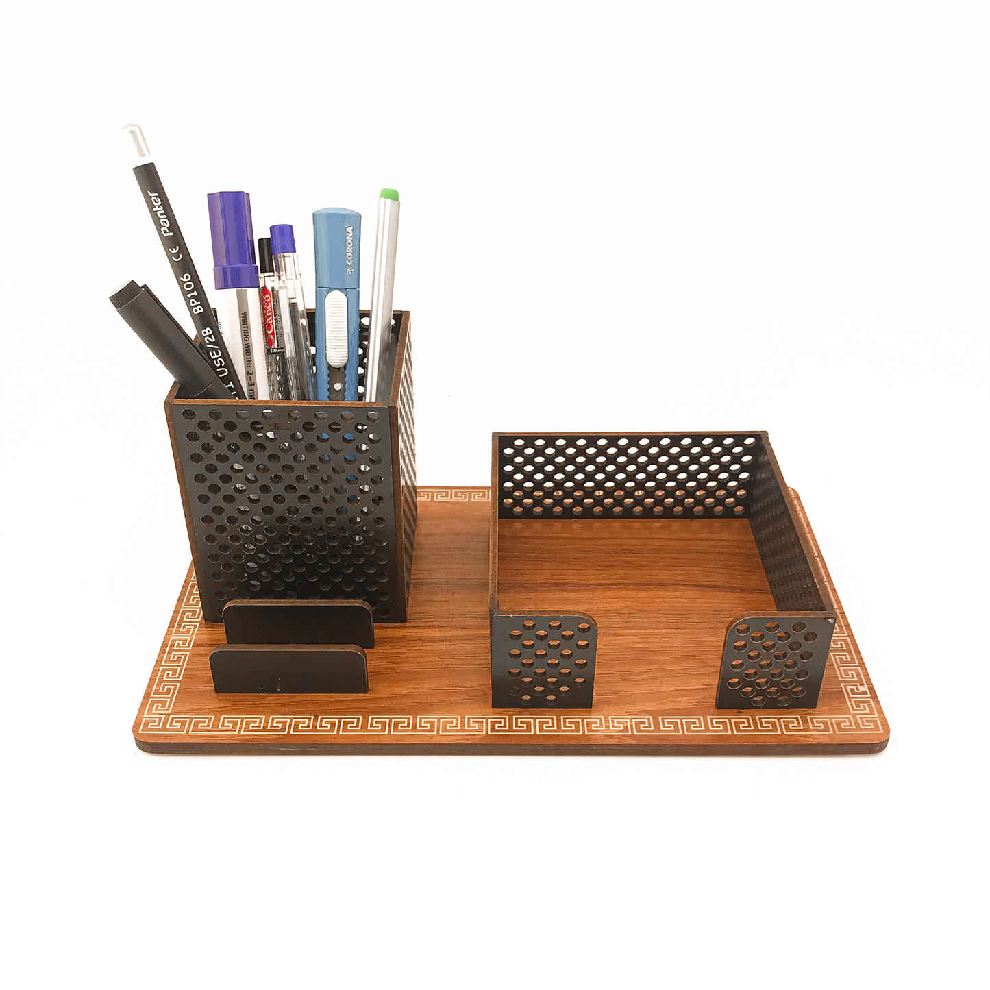 Houten bureau-organizer voor kantoorspullen in bruin