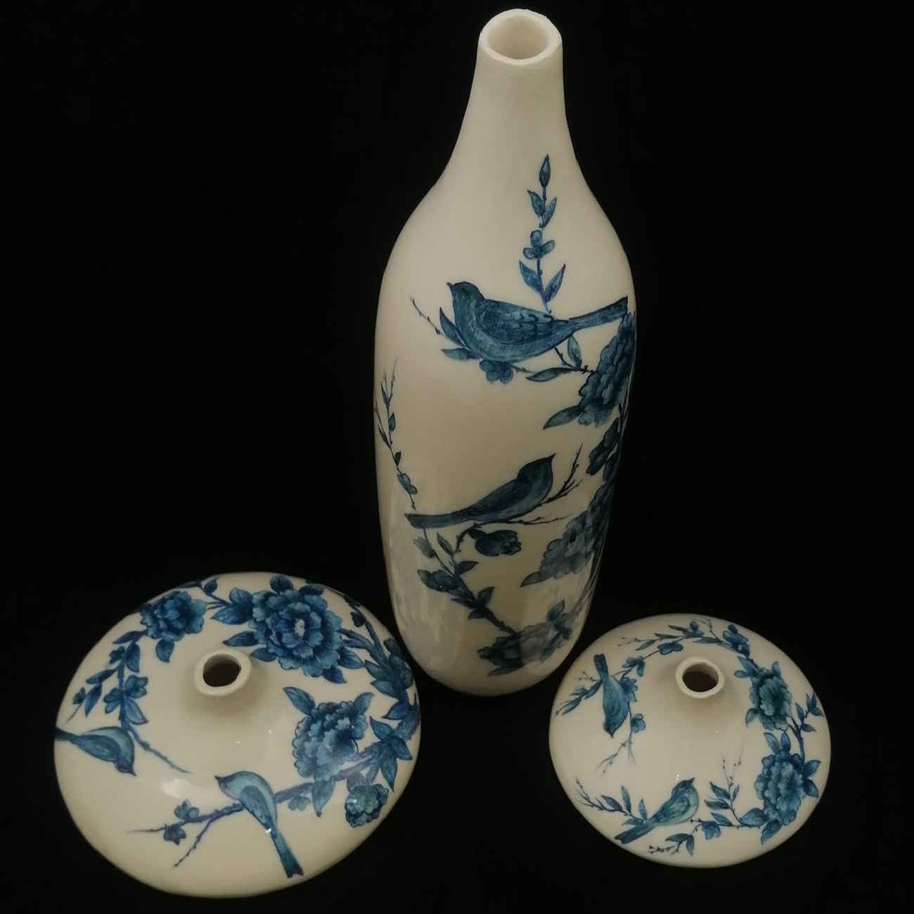 Set van 3 Perzische keramieken knopvazen, versierd met een klassiek vogel- en bloemenmotief voor veelzijdige decoratiemogelijkheden