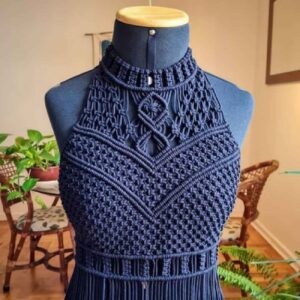 Handgemaakte Boho Macramé Jurk – Marineblauw