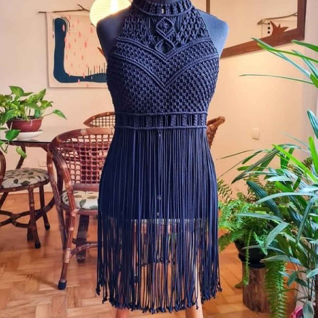 Handgemaakte Boho Macramé Jurk – Marineblauw