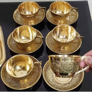 Perzische Messing Theekop & Schotel Set met Bloemontwerp in Goud (x6)