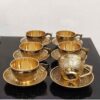 Perzische Messing Theekop & Schotel Set met Bloemontwerp in Goud (x6)