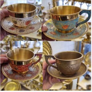 Perzische Messing Theekop & Schotel Set met Minakari Ontwerp (x6)