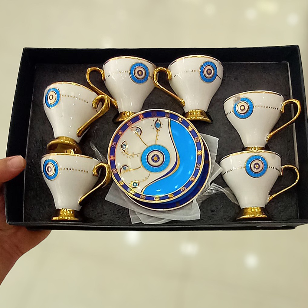 Perzische Espresso Kopjes & Schotels – Boze Oog Porselein (Set van 6)
