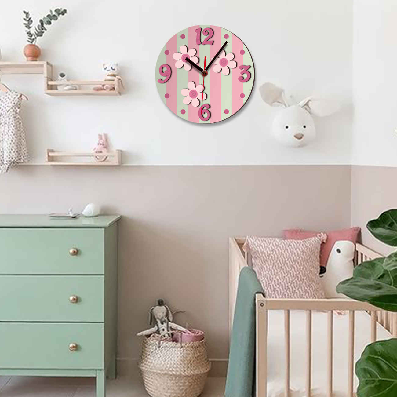 Houten Kinderkamer Wandklok met Bloemenontwerp